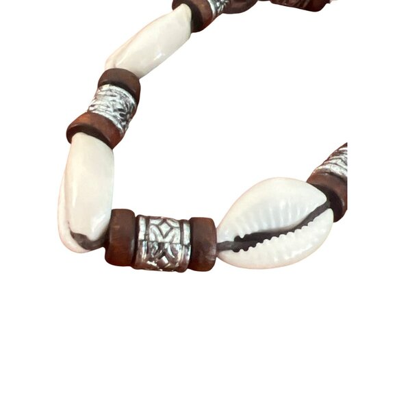 Vintage Cowrie Shell Bracelet Wood Silver Tone Drawstring Adj Beach Estate - Picture 3 of 4